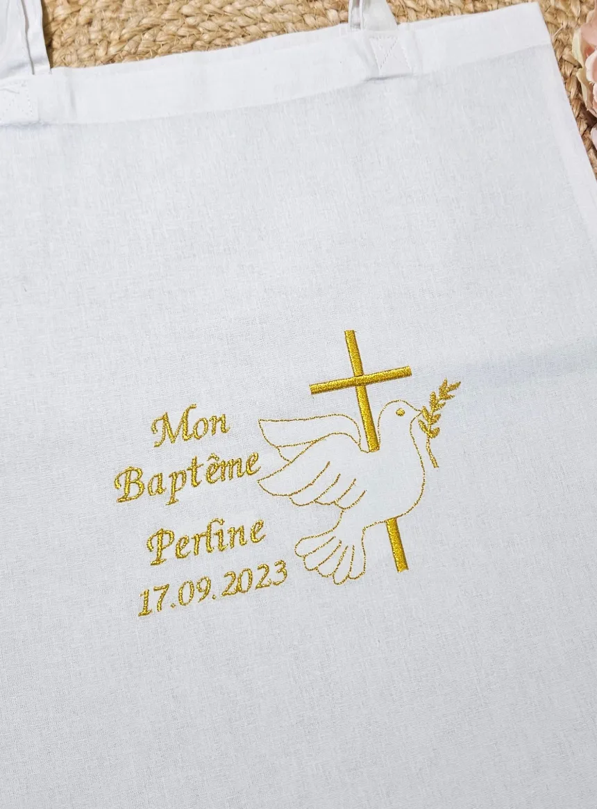 Sac tote bag de cérémonie Croix et Colombe brodées