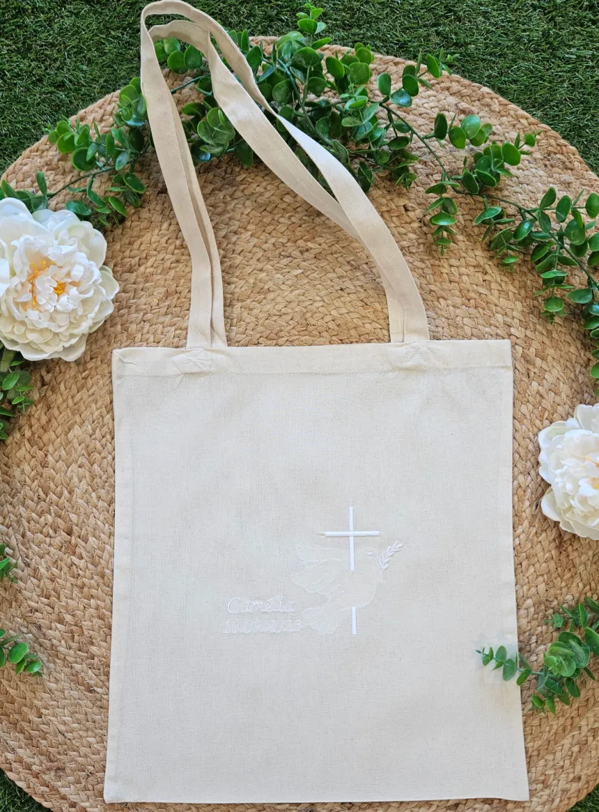 Sac tote bag de cérémonie Croix et Colombe brodées
