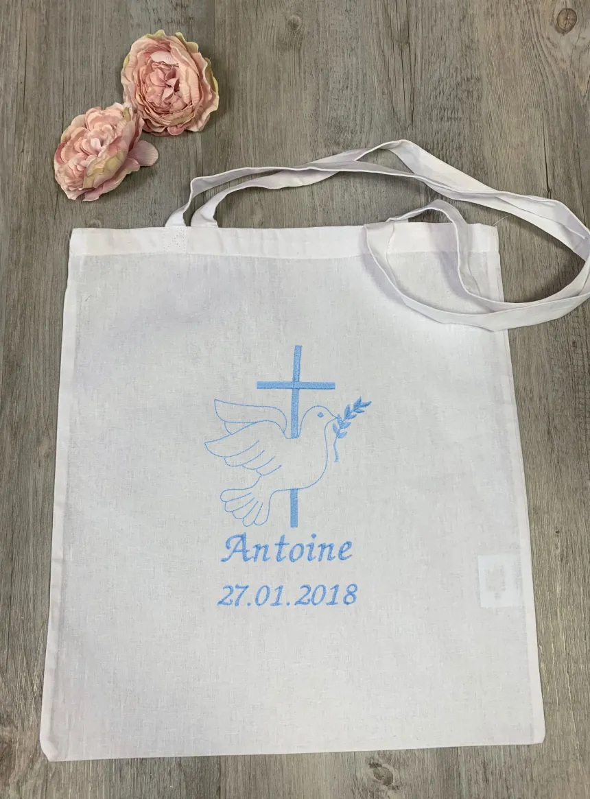Sac tote bag de cérémonie Croix et Colombe brodées