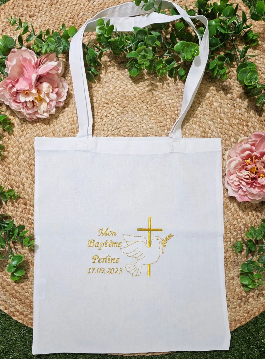 Sac tote bag de cérémonie Croix et Colombe brodées
