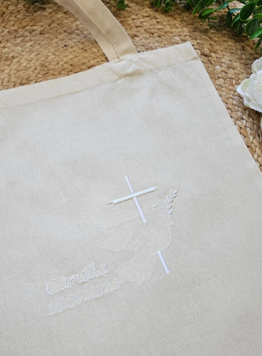 Sac tote bag de cérémonie Croix et Colombe brodées