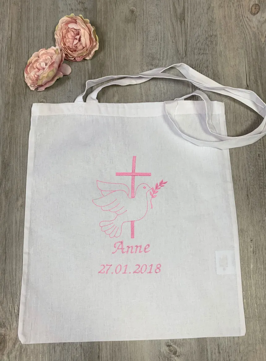 Sac tote bag de cérémonie Croix et Colombe brodées