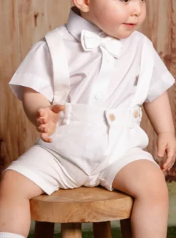 Salopette bermuda en lin blanc bébé et petit garçon collection Noam