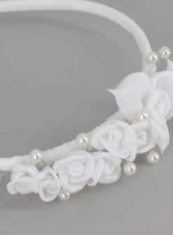Serre tête blanc fleurs et perles Blanc