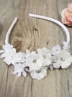 Serre tête cérémonie enfant blanc fleur et strass Blanc