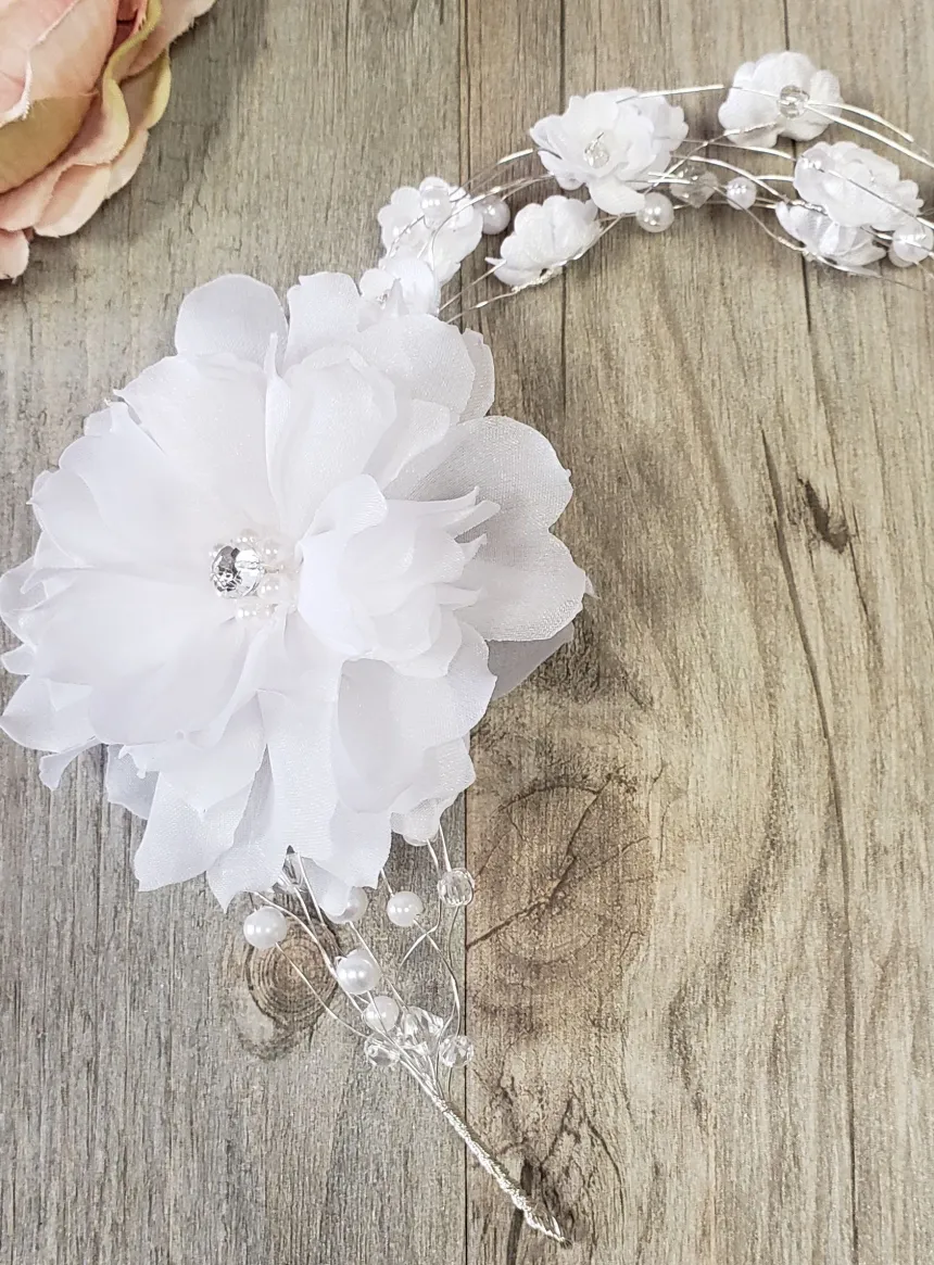 Serre tête fil métallisé et fleurs Blanc