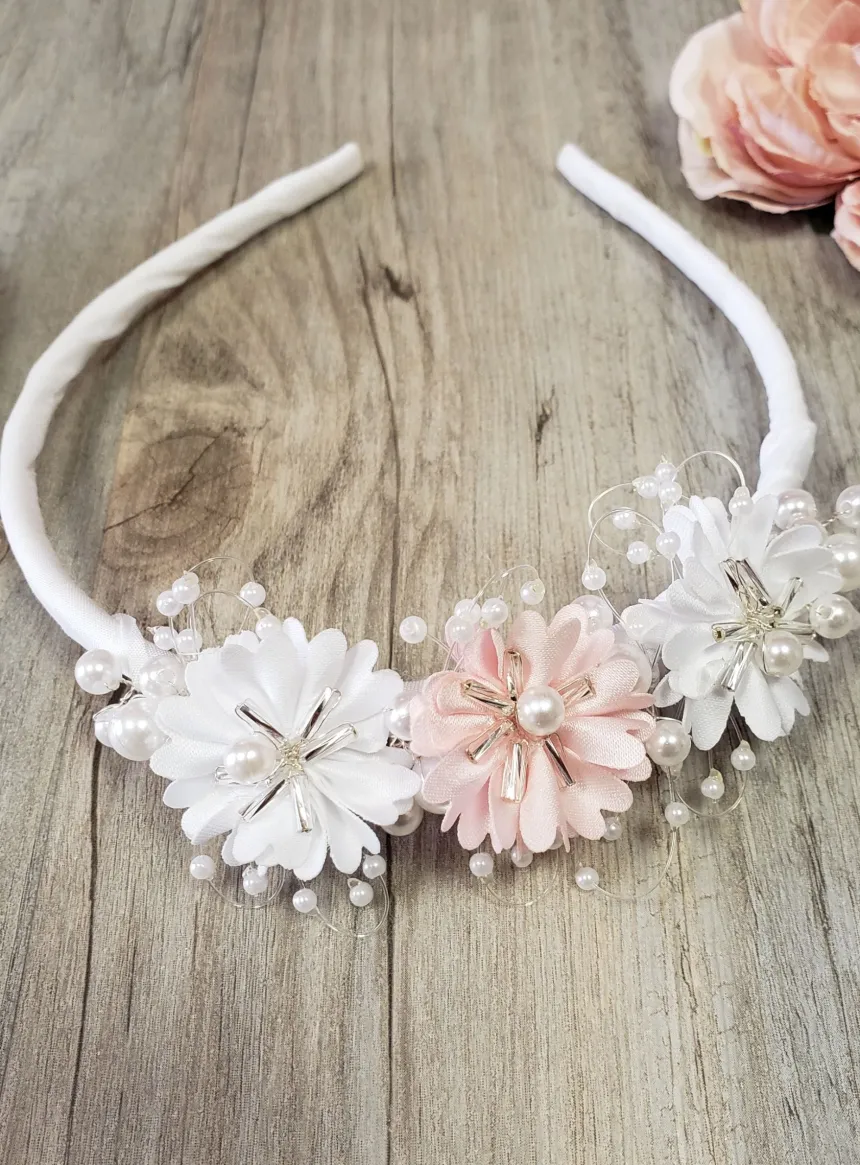 Serre tête fleurs rose et blanches Blanc