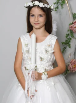 Set Communion : couronne, broche, nśud de cierge et bracelet fleurs blanches