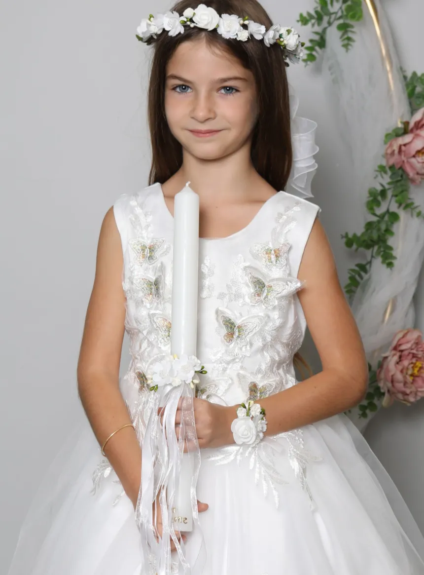 Set Communion : couronne, broche, nśud de cierge et bracelet fleurs blanches
