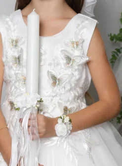 Set Communion : couronne, broche, nśud de cierge et bracelet fleurs blanches
