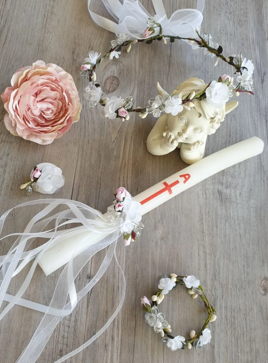 Set Communion 4 pičces fleurs et perles couronne, broche, nśud de bougie et broche