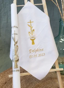 Set mouchoir + bougie communion " Croix, Hostie et Calice"