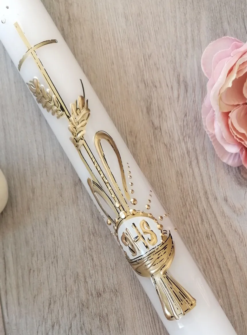 Set mouchoir + bougie communion " Croix, Hostie et Calice"