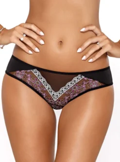 String tanga dentelle noir brodé rose Nadine
