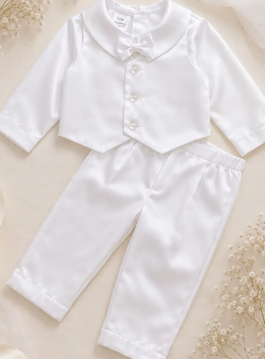 Tenue de baptême bébé garçon satin blanc
