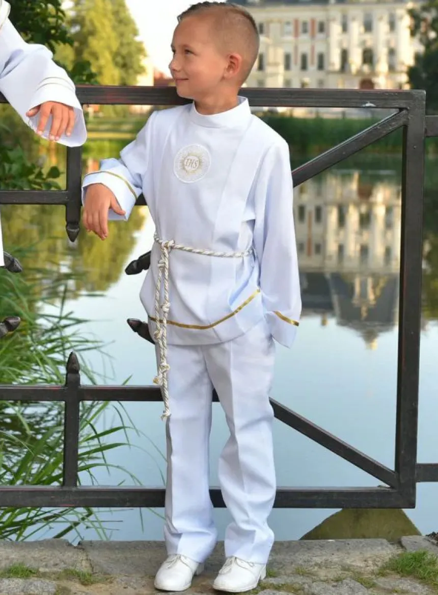 Tunique courte de communion garçon blanche avec cordon